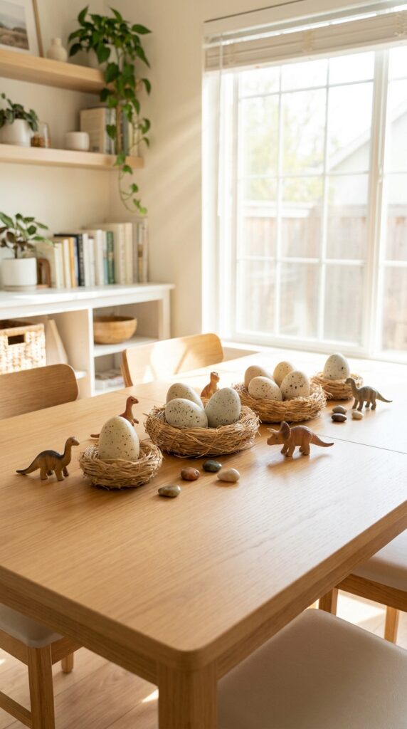 Dinosaur egg themed birthday table decor setup