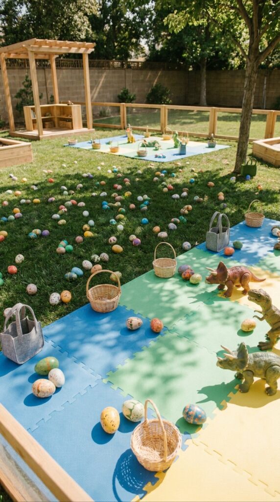 Toddler dinosaur egg hunt setup with colorful eggs
