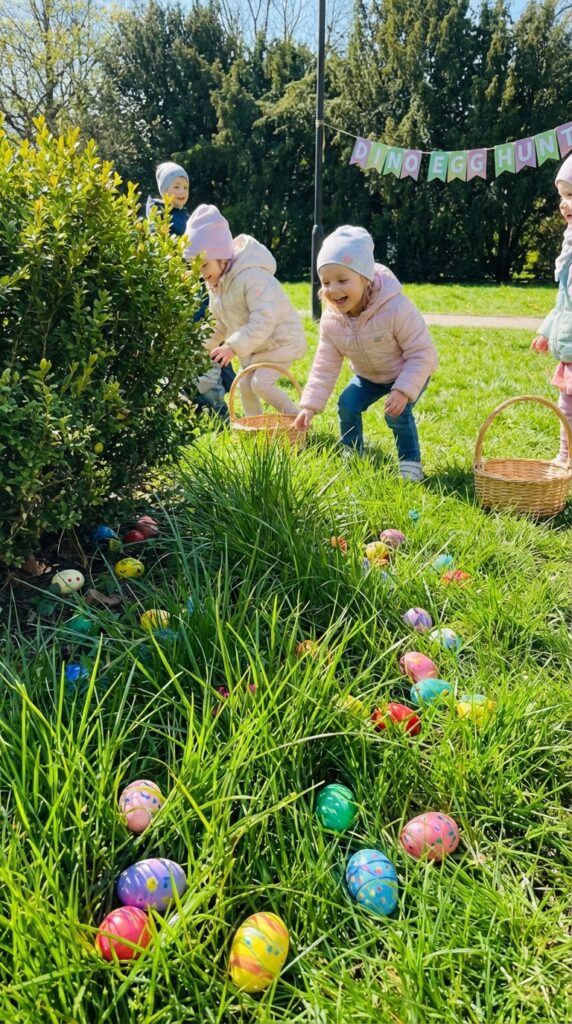 Dinosaur egg hunt setup with hidden eggs