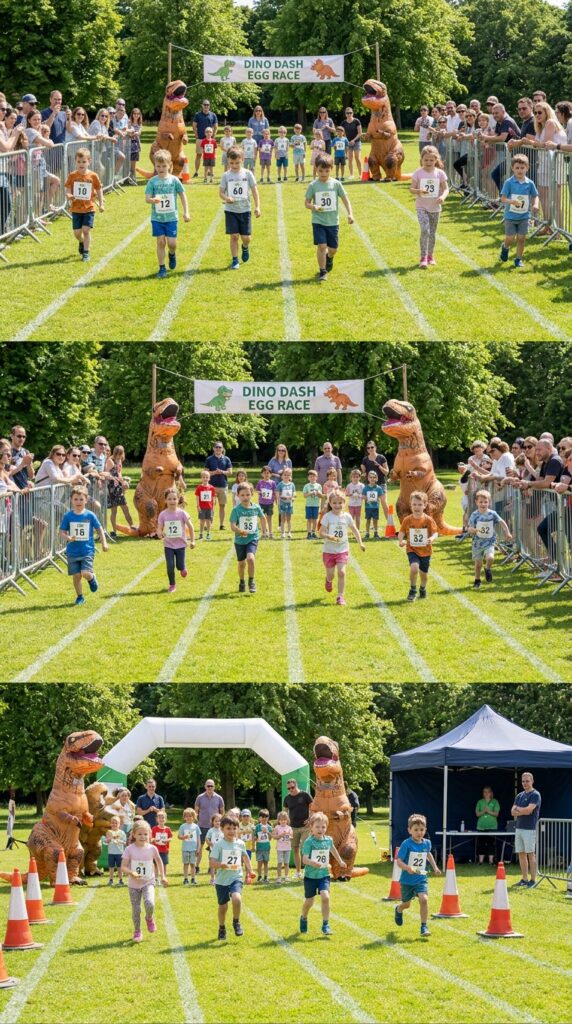 Kids playing dinosaur egg relay race