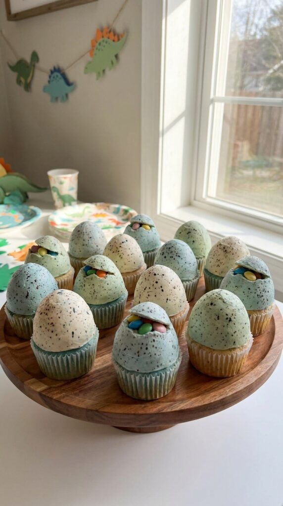 Dinosaur egg cupcakes with surprise candy filling inside