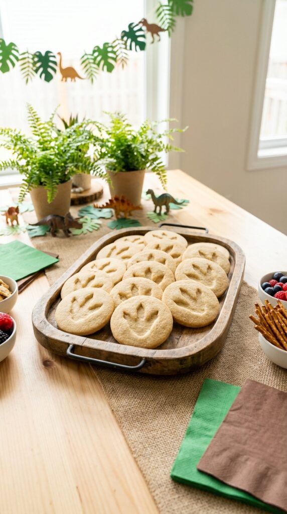 Dinosaur footprint cookies arranged neatly on a themed party table