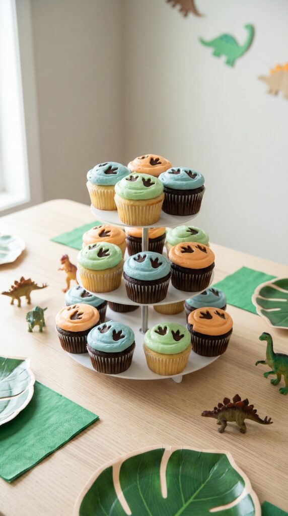 Dinosaur footprint cupcakes with fondant designs