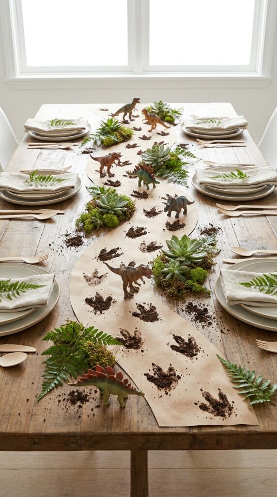 Dinosaur footprint trail centerpiece with toys
