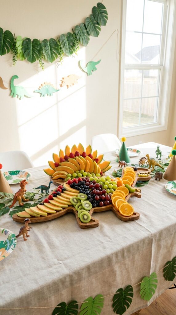 Dinosaur themed fruit platter arranged creatively on party table