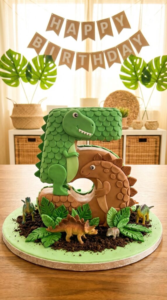 Dinosaur number cake with jungle theme
