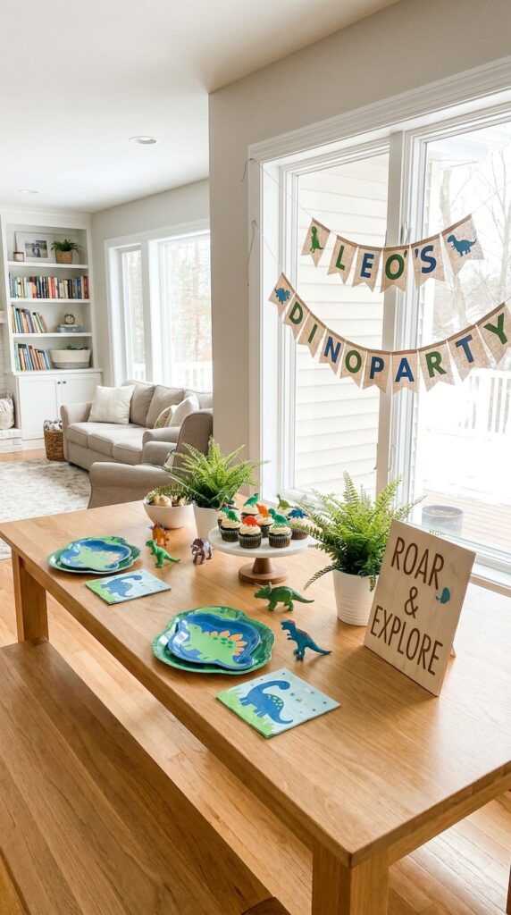 Personalized dinosaur birthday table with name banner