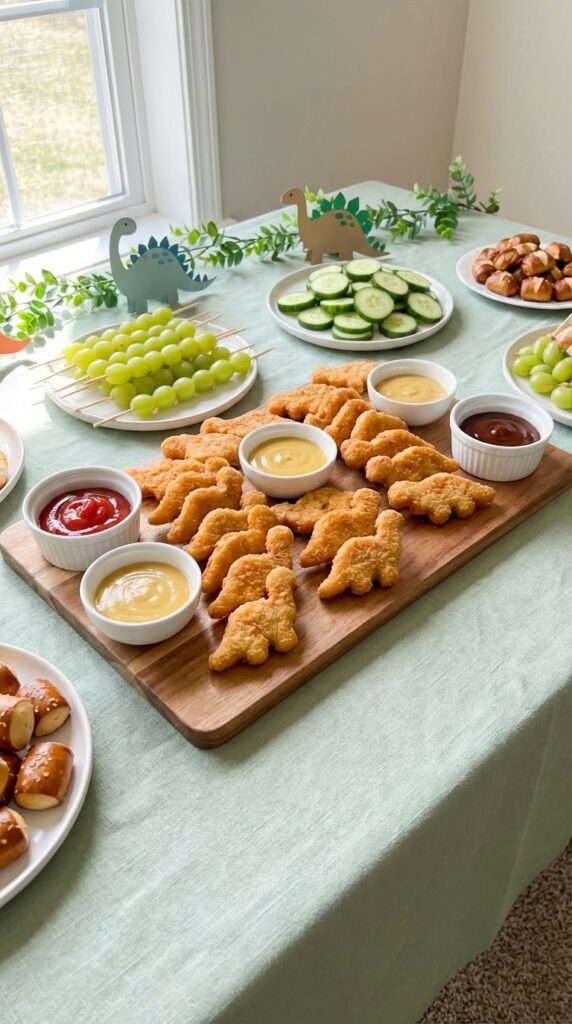 Dinosaur shaped nuggets arranged on a party platter with dips