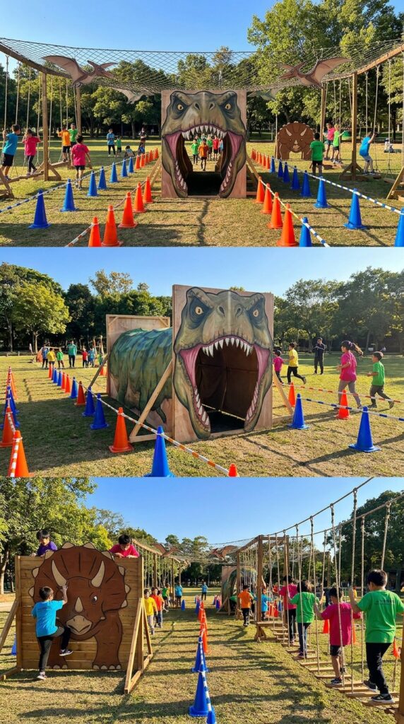 Kids running through a dinosaur-themed obstacle course