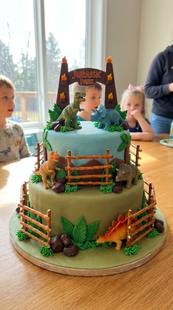 Dinosaur park themed birthday cake
