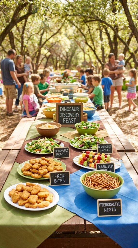 Dinosaur themed buffet table for birthday party