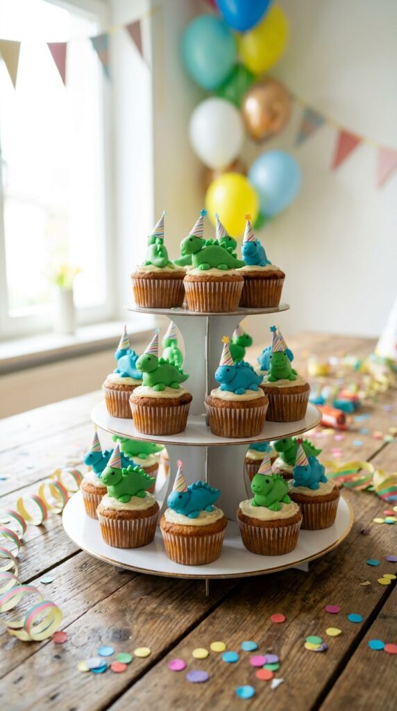 Dinosaur cupcakes with party hat decorations