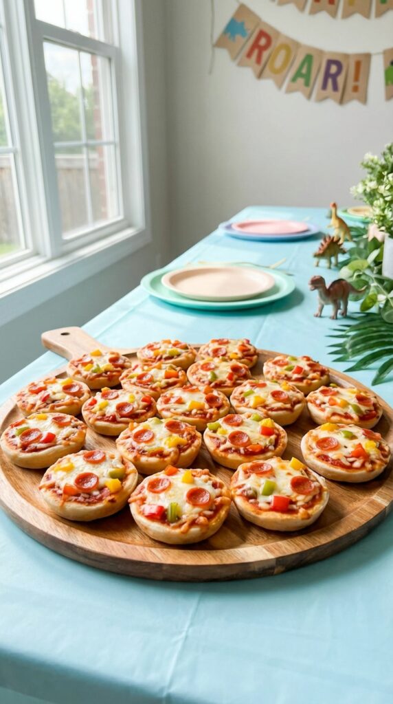Dinosaur themed mini pizza bites arranged on party tray