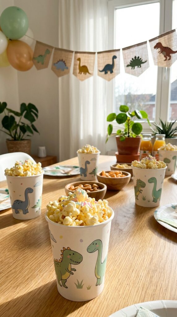 Dinosaur themed popcorn cups arranged on party table