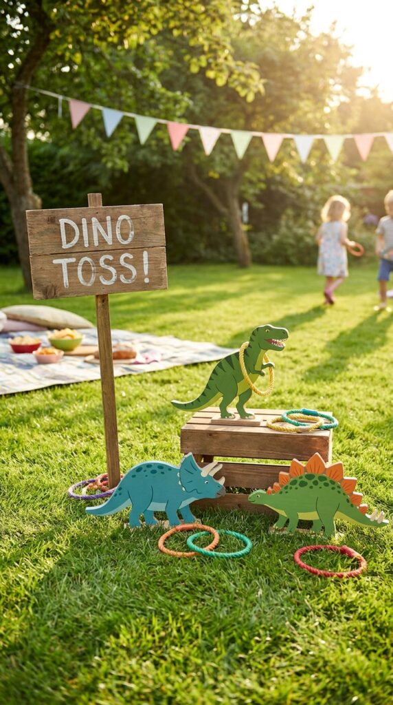 Kids playing dinosaur ring toss game
