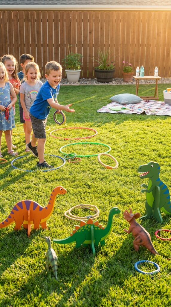 Kids playing dinosaur ring toss game at a party