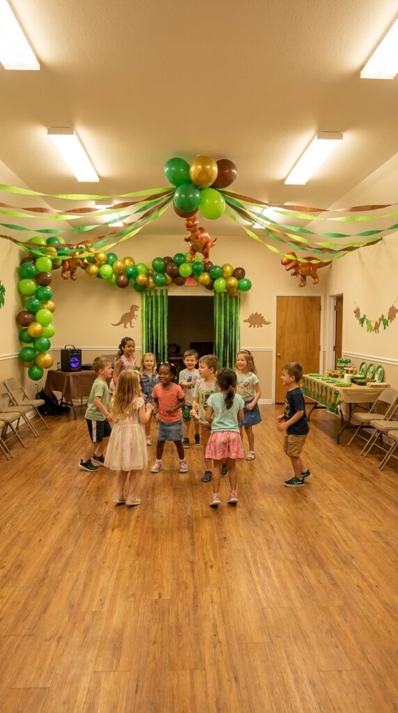 Kids dancing in a dinosaur themed party with balloons