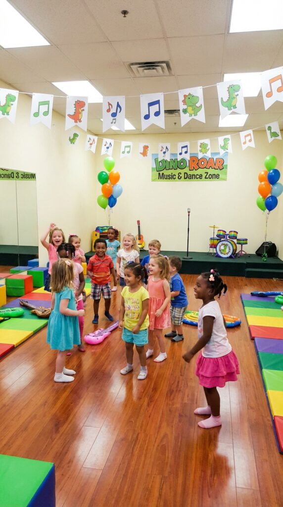 Kids dancing in dinosaur themed party zone