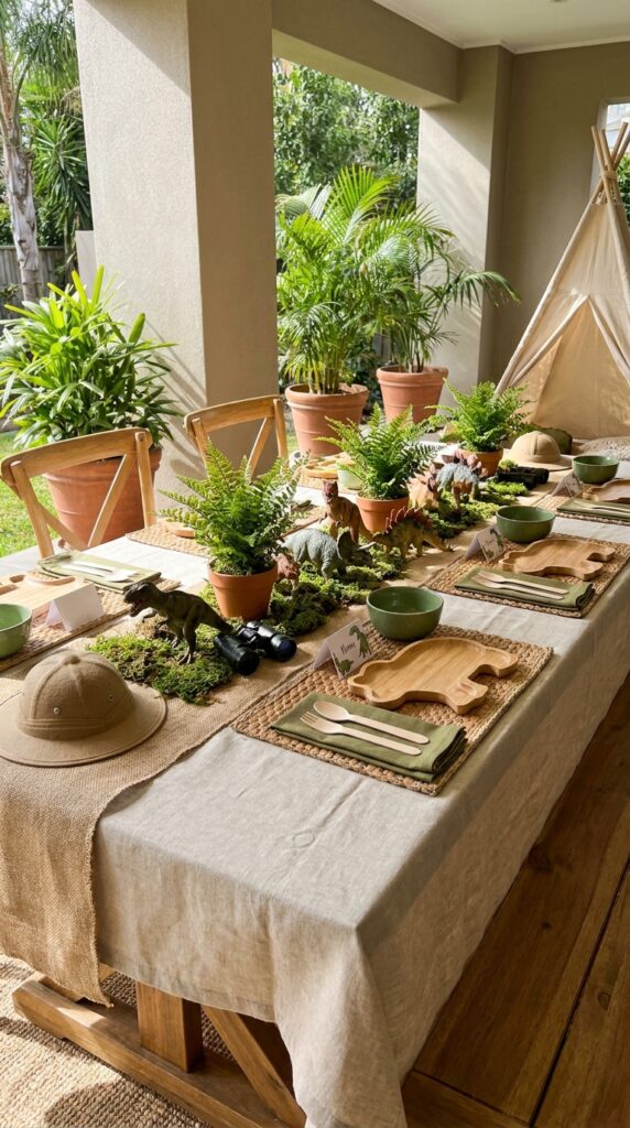 Safari themed dinosaur birthday table setup