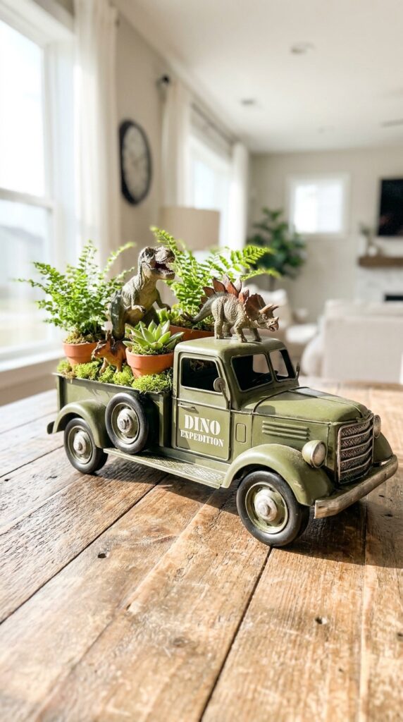 Dinosaur safari truck centerpiece with toy figures