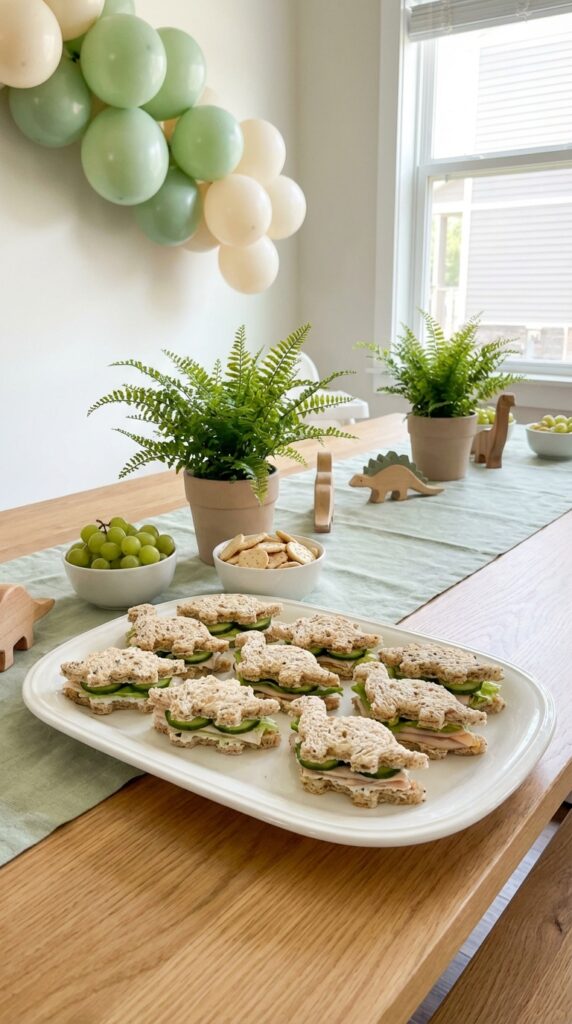 Dinosaur shaped mini sandwich bites arranged on serving tray
