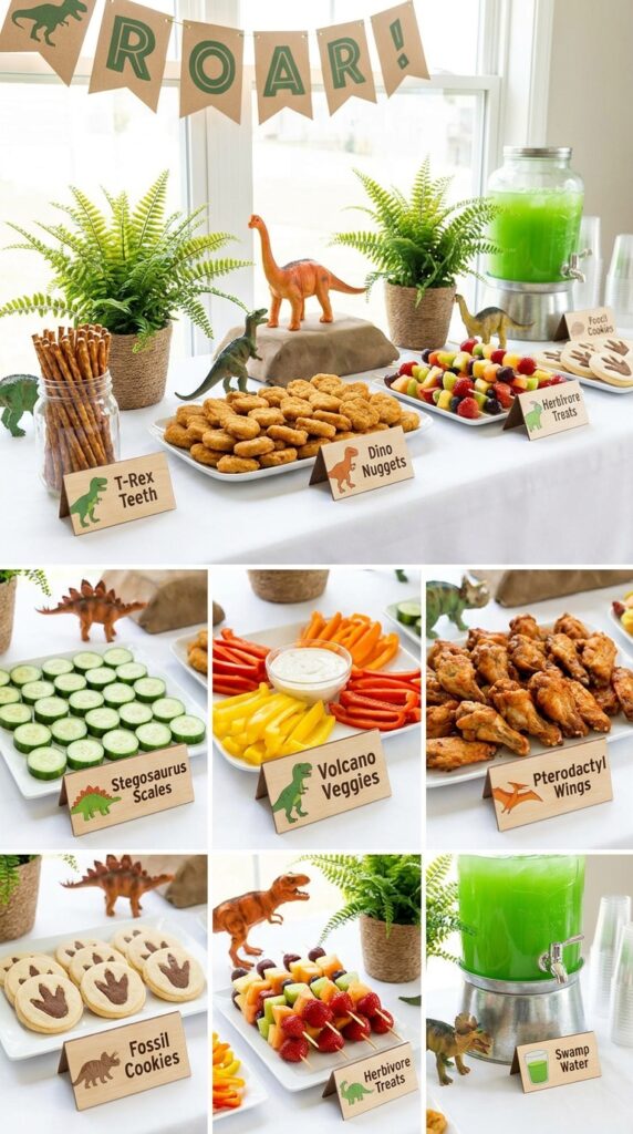 Dinosaur themed snack labels on party food table