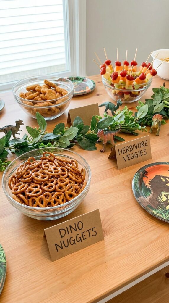 Dinosaur themed snack table with labeled food items