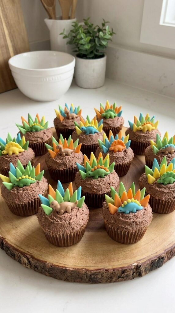 Dinosaur spike cupcakes with colorful fondant decorations