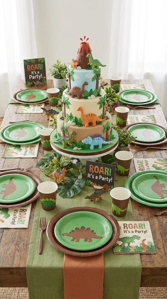 Dinosaur birthday cake table with themed decorations