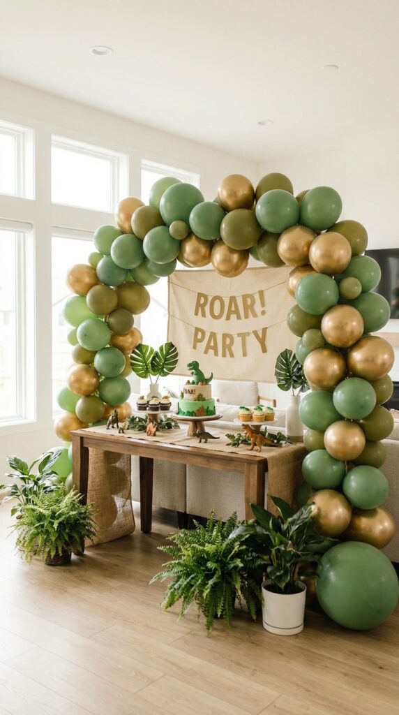 Dinosaur balloon arch party backdrop with cake table