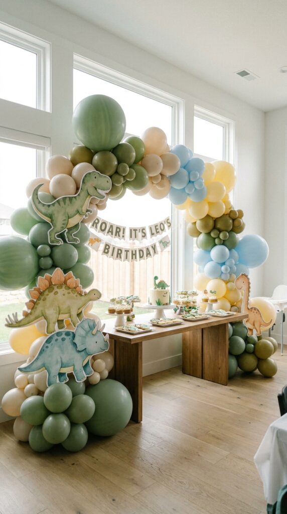 Dinosaur balloon arch setup for baby first birthday with green and pastel decorations