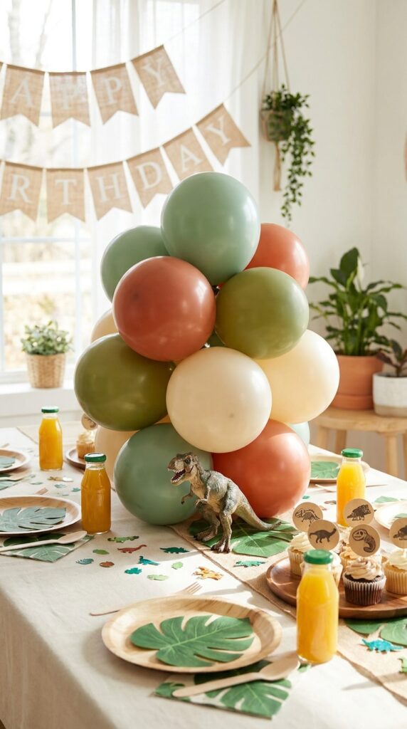 Dinosaur balloon cluster centerpiece with themed colors