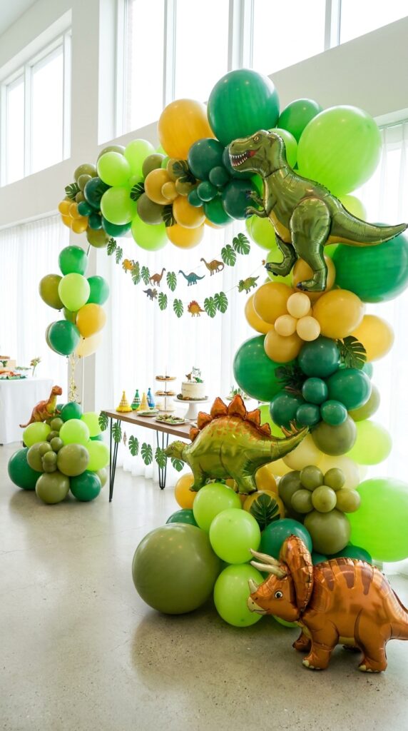 Dinosaur themed balloon decoration setup