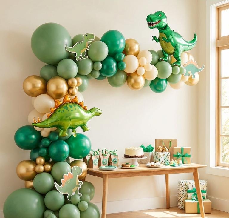 Dinosaur themed balloon garland backdrop with decorations