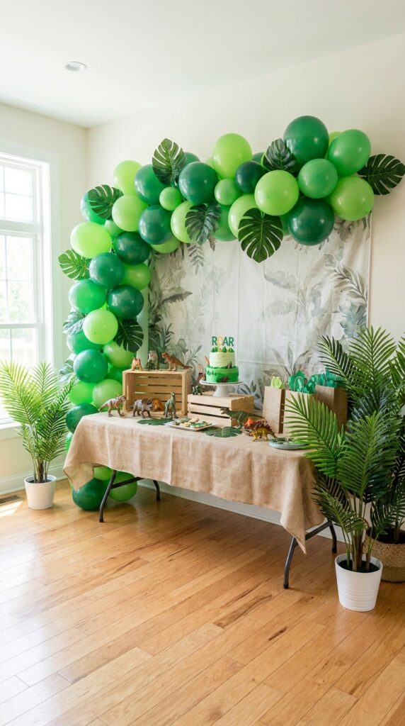 Dinosaur jungle balloon birthday setup