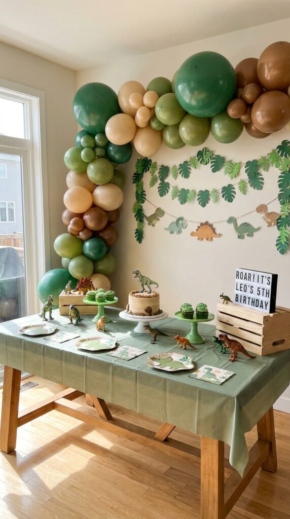 Dinosaur birthday table with balloon backdrop decoration