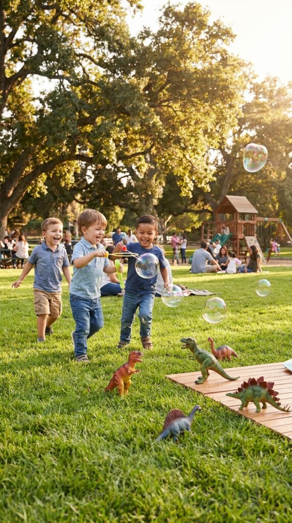Kids playing with bubbles in a dinosaur themed party
