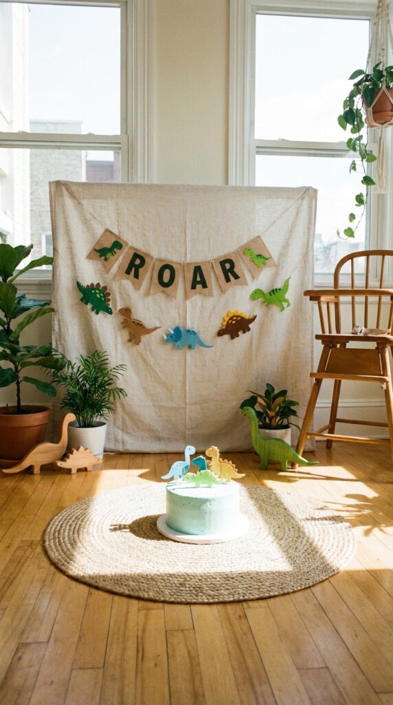 Dinosaur themed cake smash setup