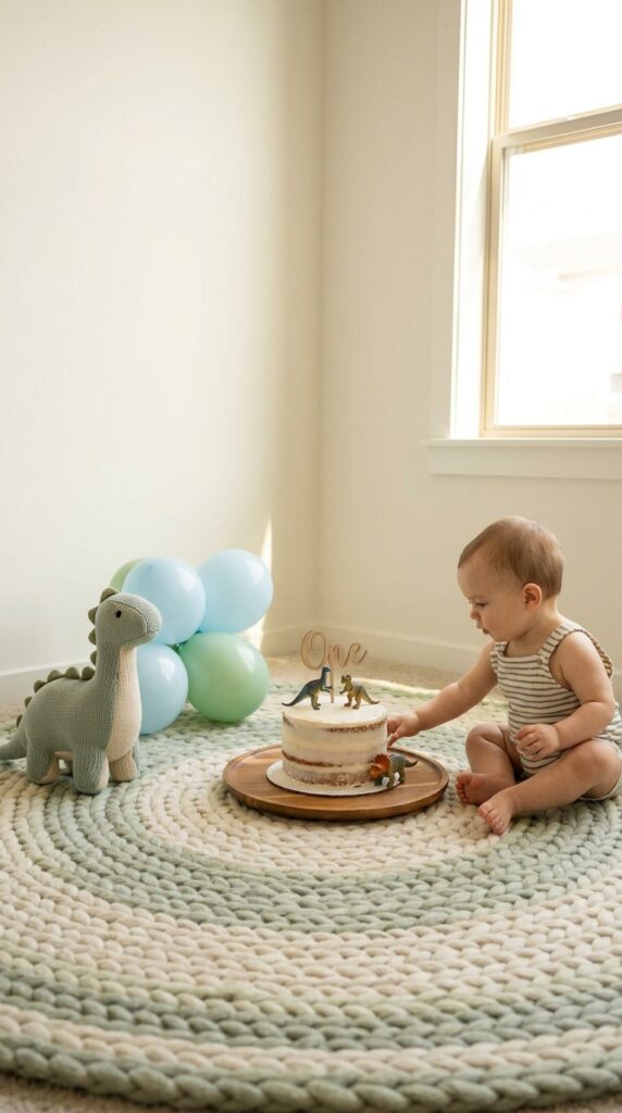 Baby dinosaur cake smash setup with simple backdrop and decorations