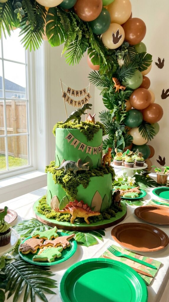 Dinosaur birthday cake with toy toppers