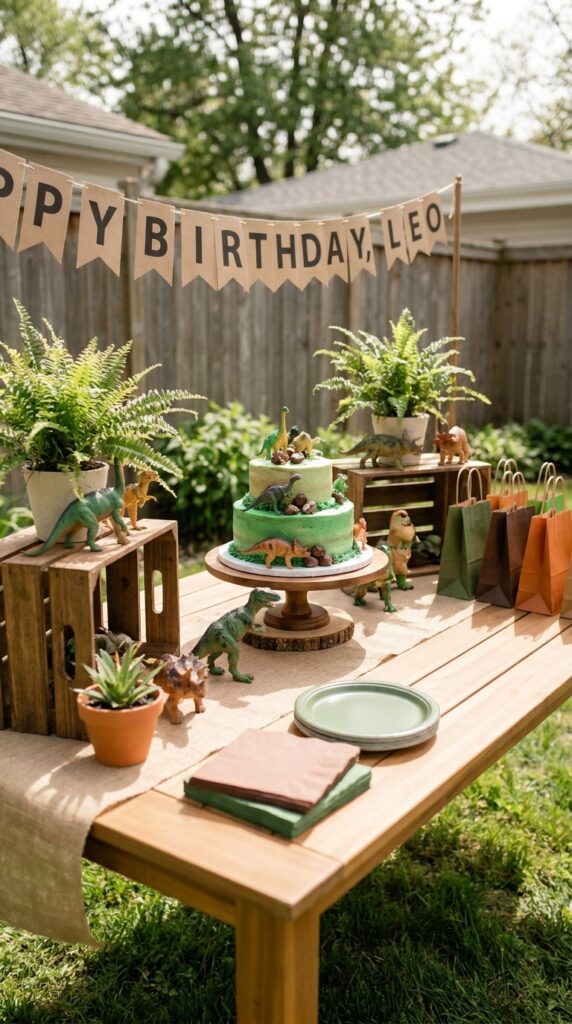 Dinosaur themed cake table decoration