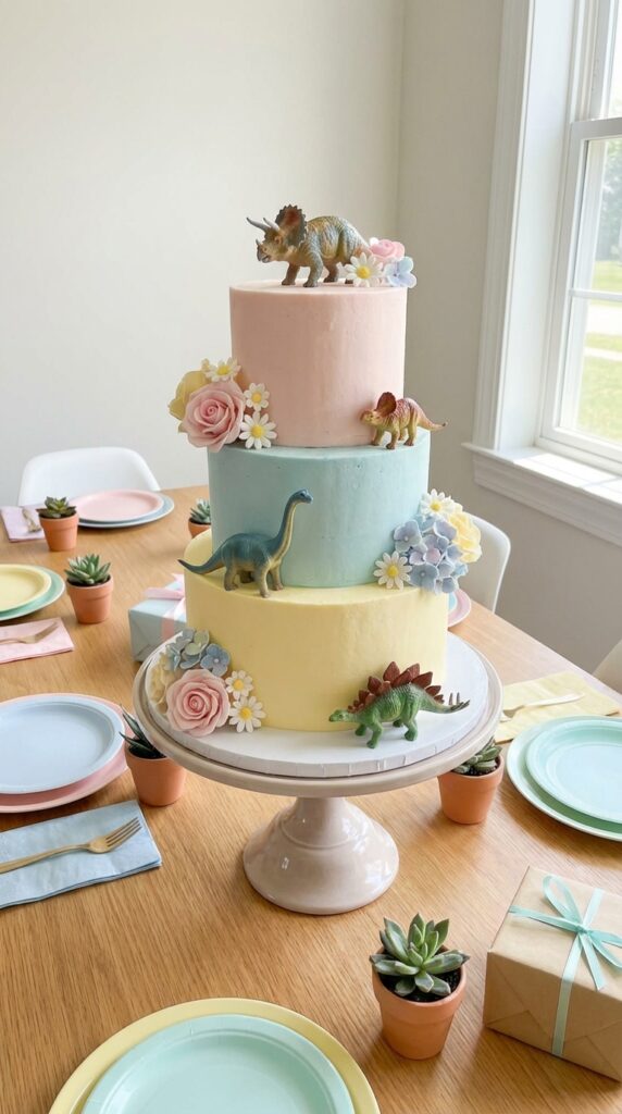 Pastel dinosaur cake with floral decorations