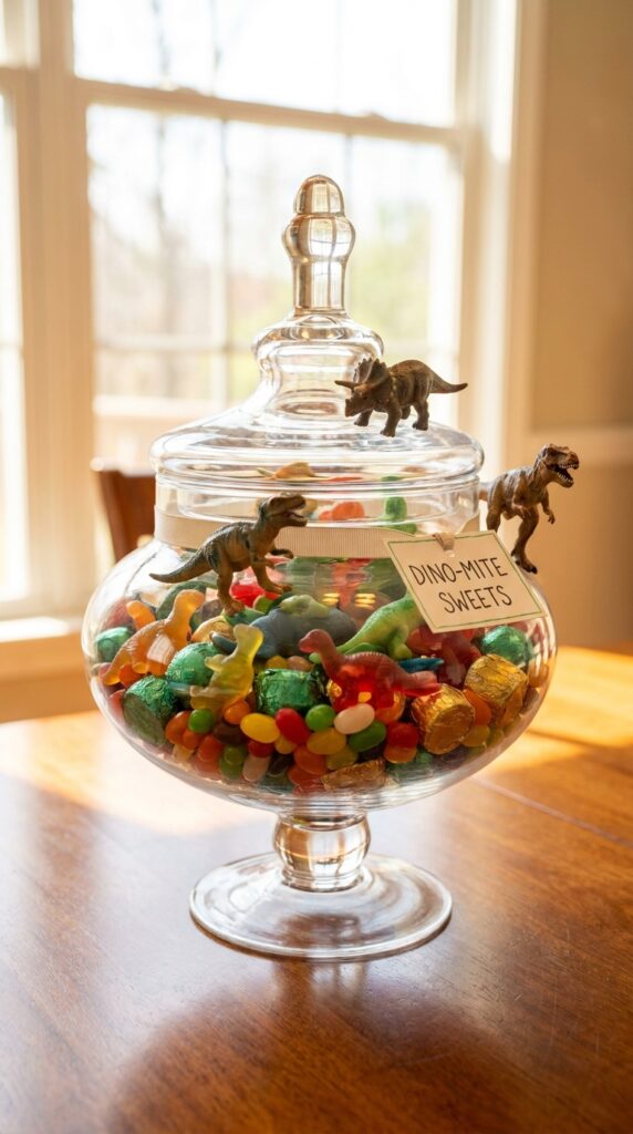 Dinosaur candy jar centerpiece with treats