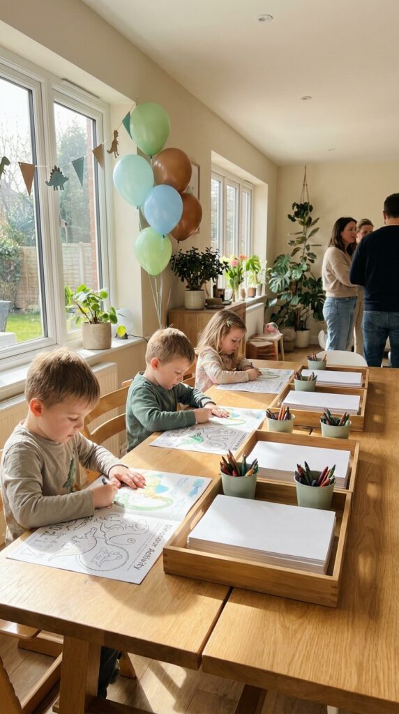 Kids coloring dinosaur-themed sheets at a party table