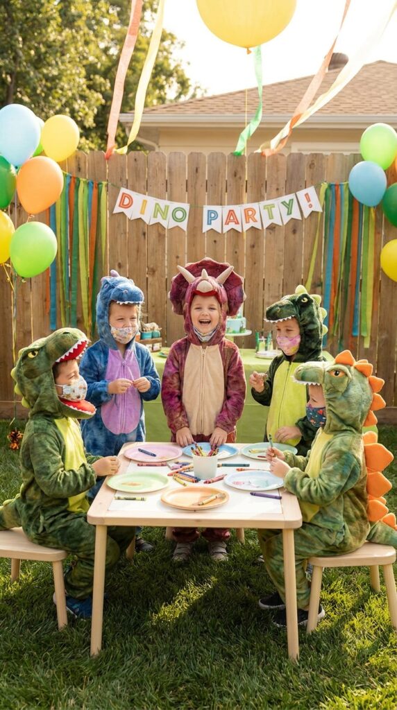 Kids wearing dinosaur costumes at party