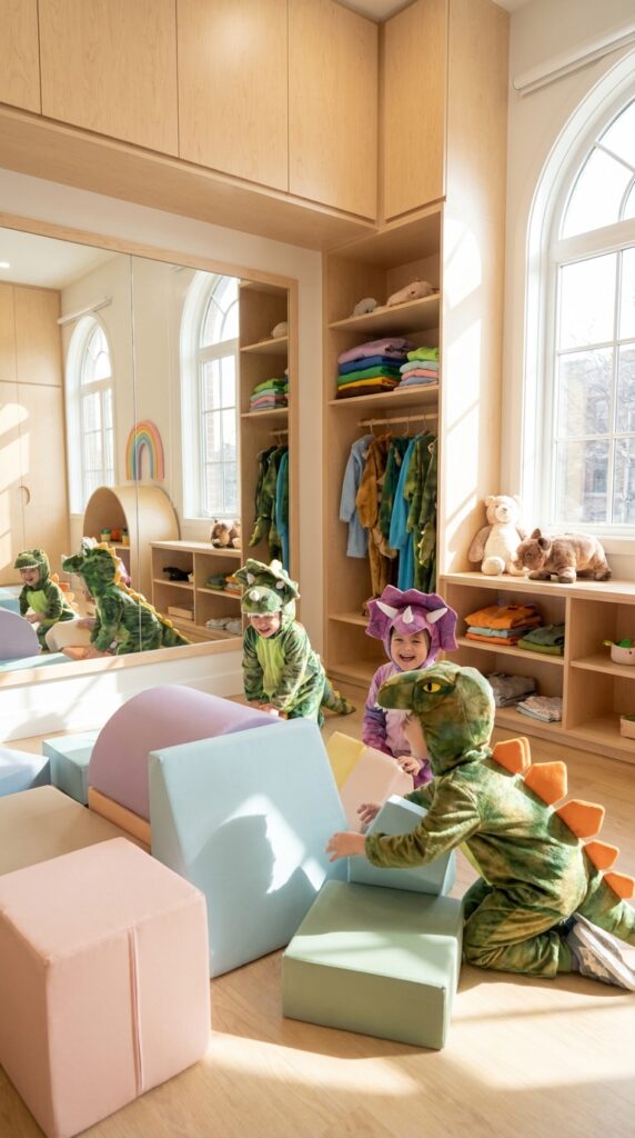 Kids wearing dinosaur costumes and playing together
