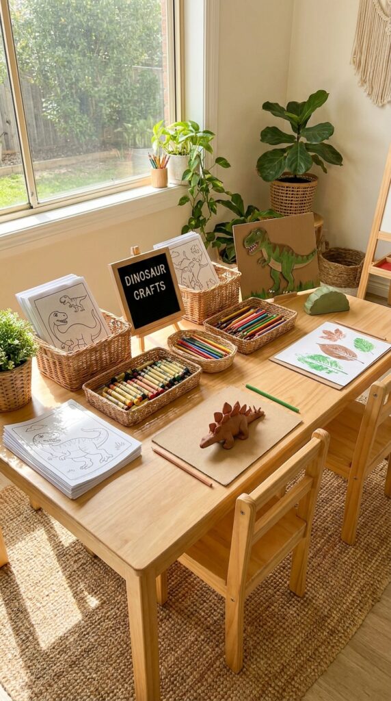 Dinosaur craft activity corner for kids at birthday party