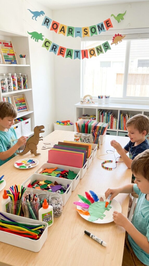 Kids making dinosaur crafts at a party