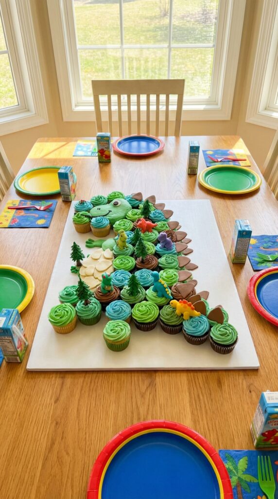 Dinosaur cupcake cake arrangement