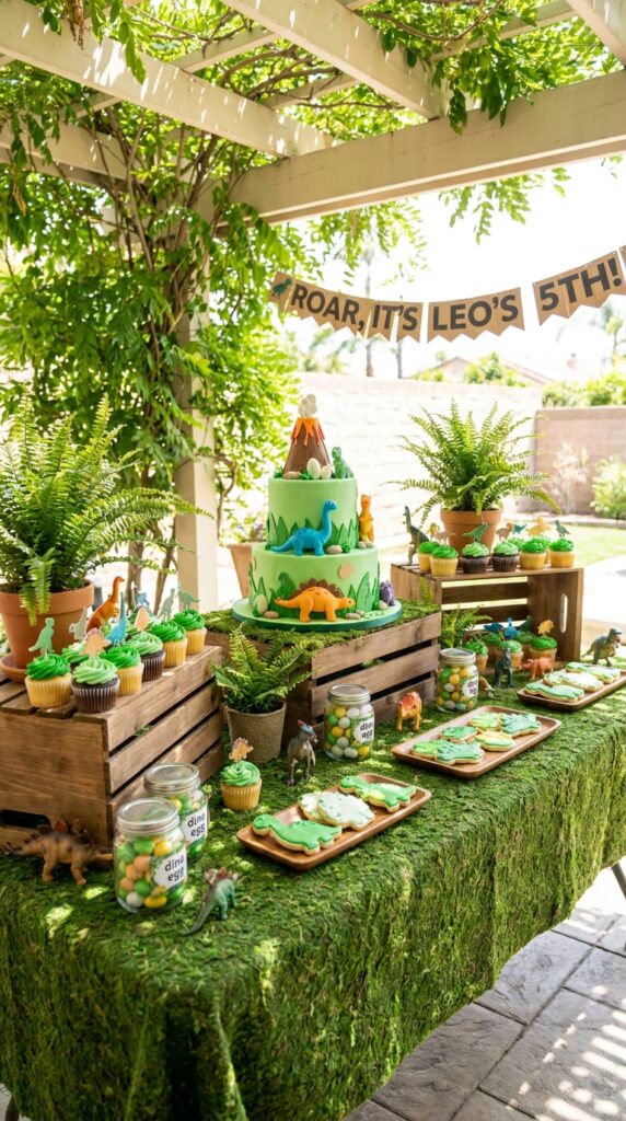 Dinosaur themed dessert table with cake and treats